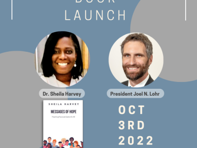 Book launch graphic with photos of Sheila Harvey and President Joel Lohr